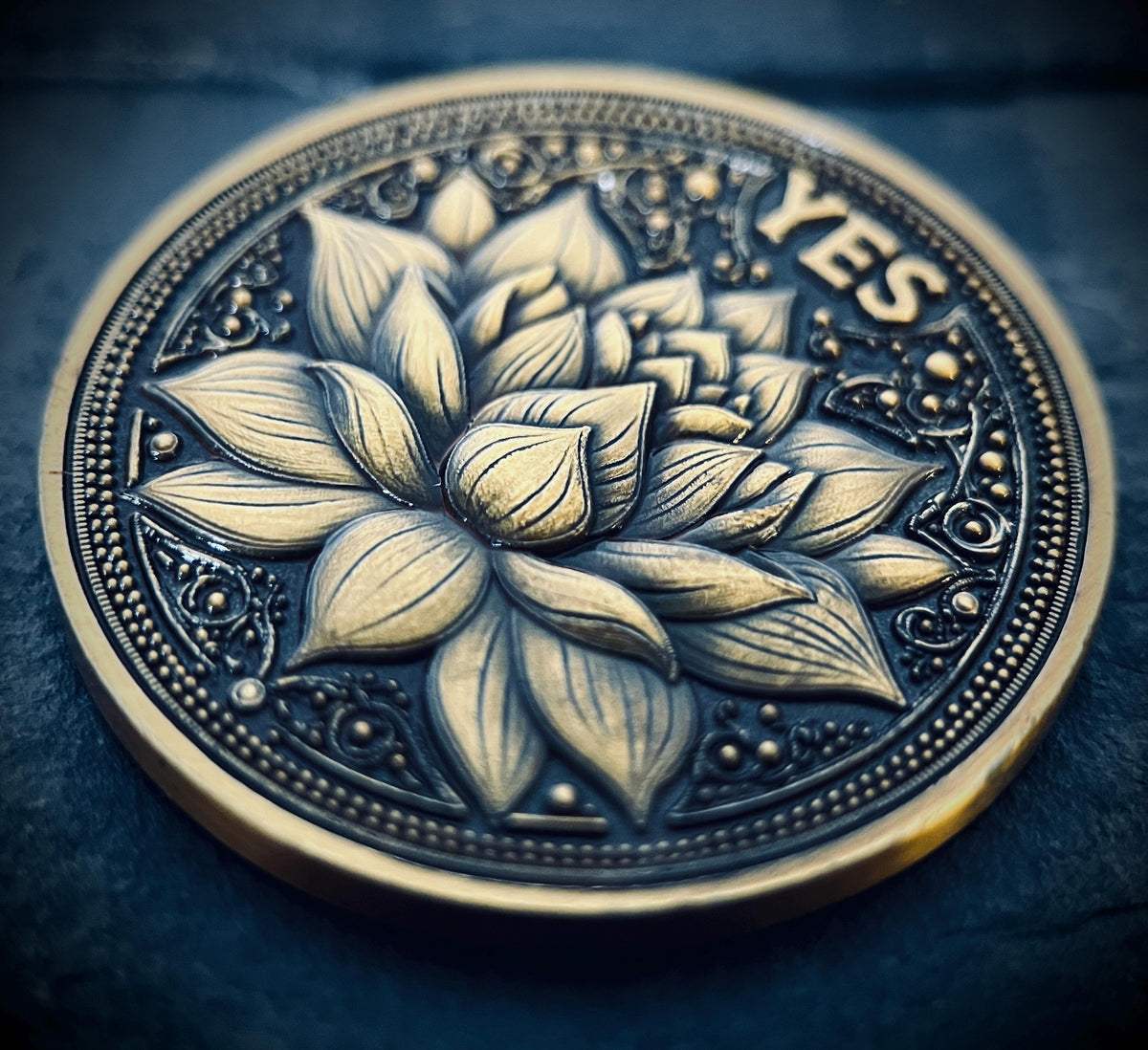 Ornate Brass Decision Coin | Lotus & Phoenix, Yes No Fidget