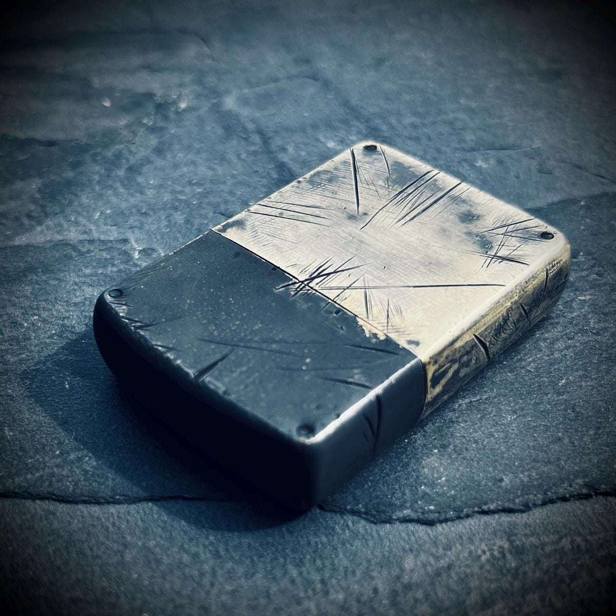 Customised Heavily Distressed Oxidised Black & Gold 2-Tone Patina Solid Brass Armor Heavy Wall Zippo Lighter / EDC / Vintage / Custom