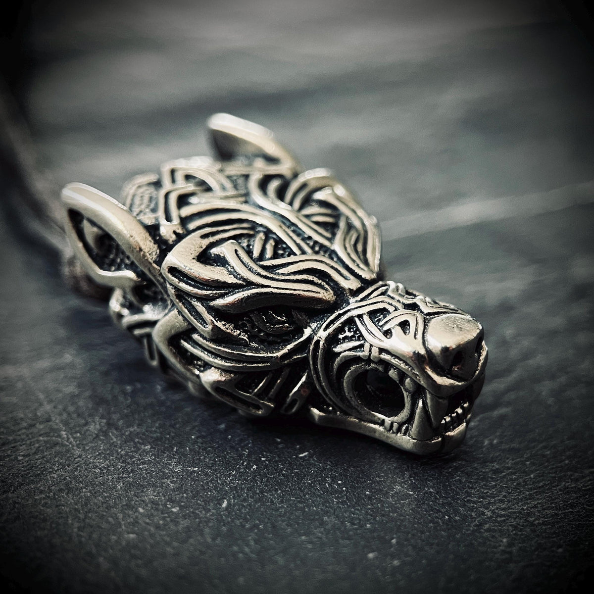 Rustic Silver Stainless Steel Celtic Wolf Pendant & Black Distressed Leather Cord Necklace