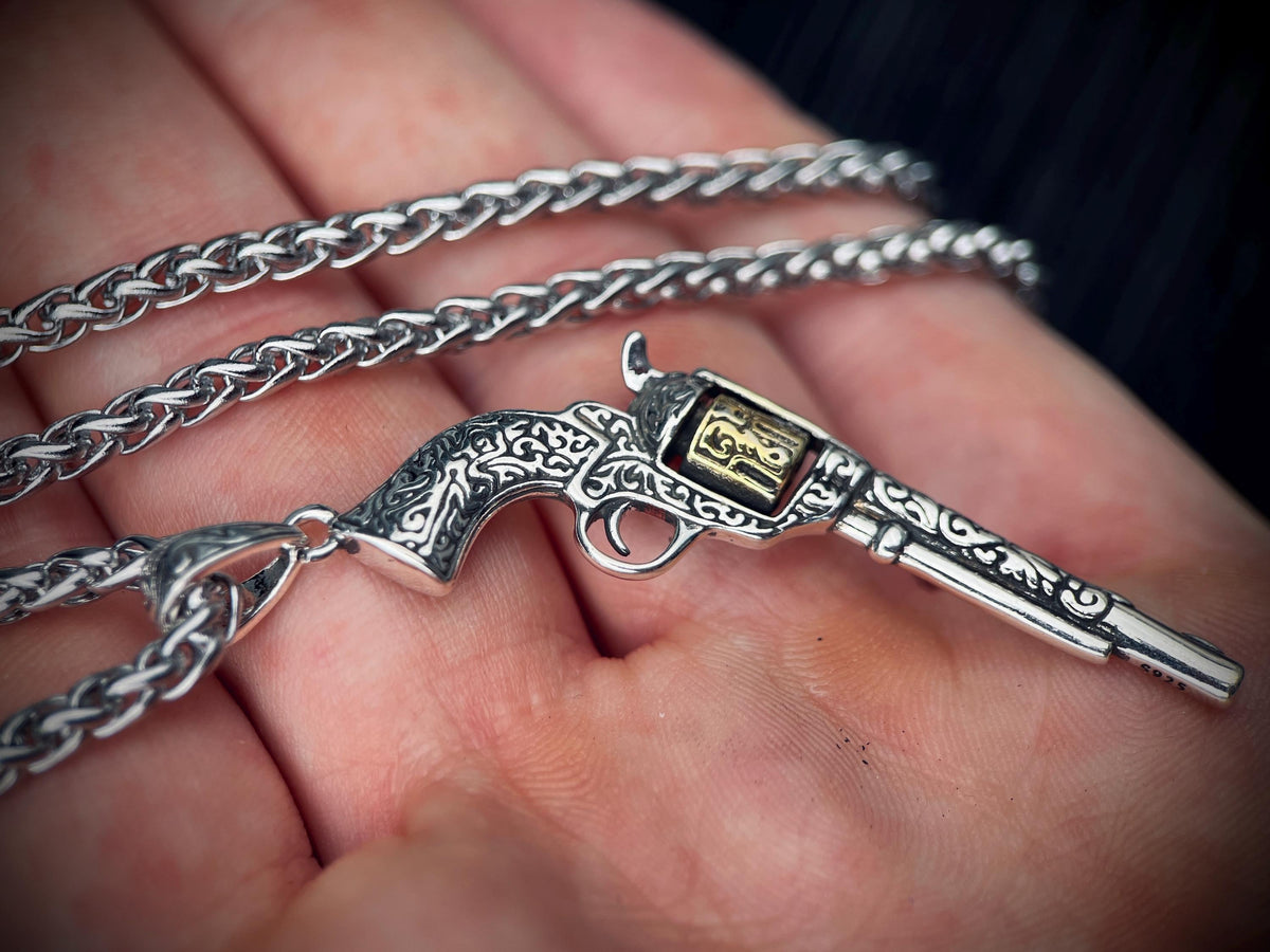 Ornate Engraved Stainless Steel Silver Outlaw Revolver Gun Pendant & Necklace Chain Gold Plated Cylinder