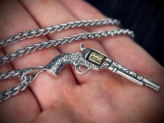 Ornate Engraved Stainless Steel Silver Outlaw Revolver Gun Pendant & Necklace Chain Gold Plated Cylinder