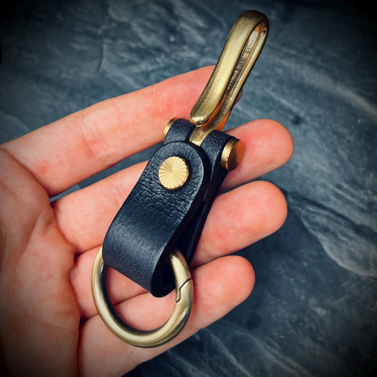 Distressed Black Leather Brass Fish Hook Belt Keychain / Key Holder / Lanyard / Carabiner