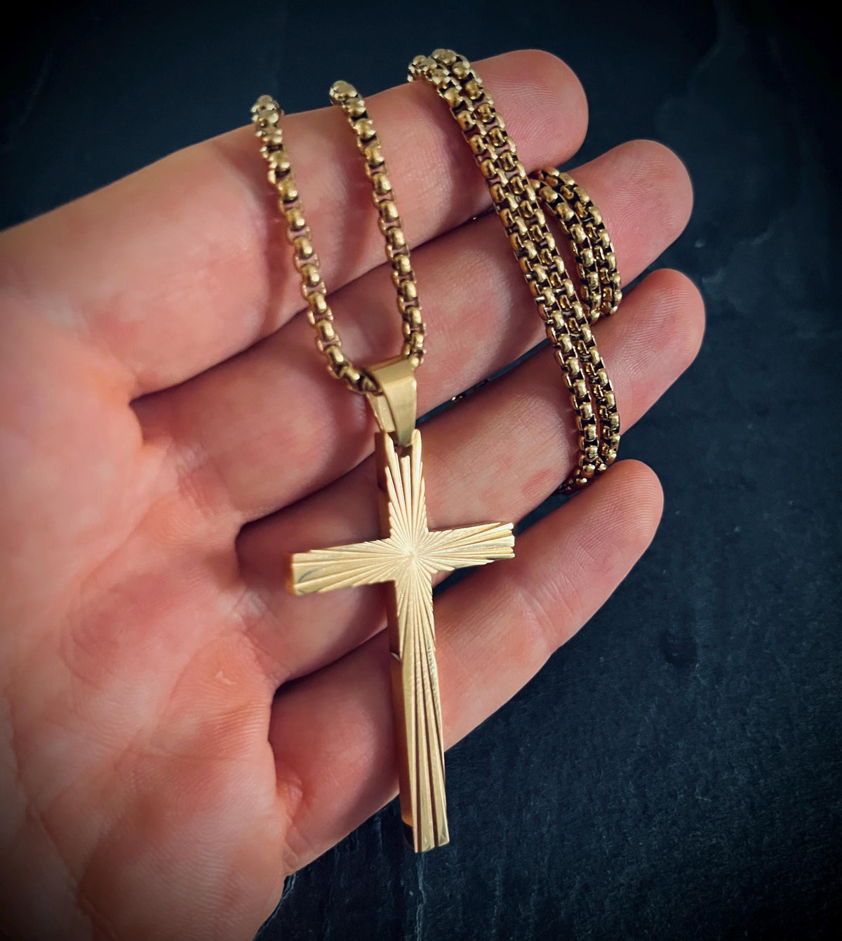 Gold Stainless Steel Ornate Engraved Pattern Cross Pendant & Necklace - Boxy Style