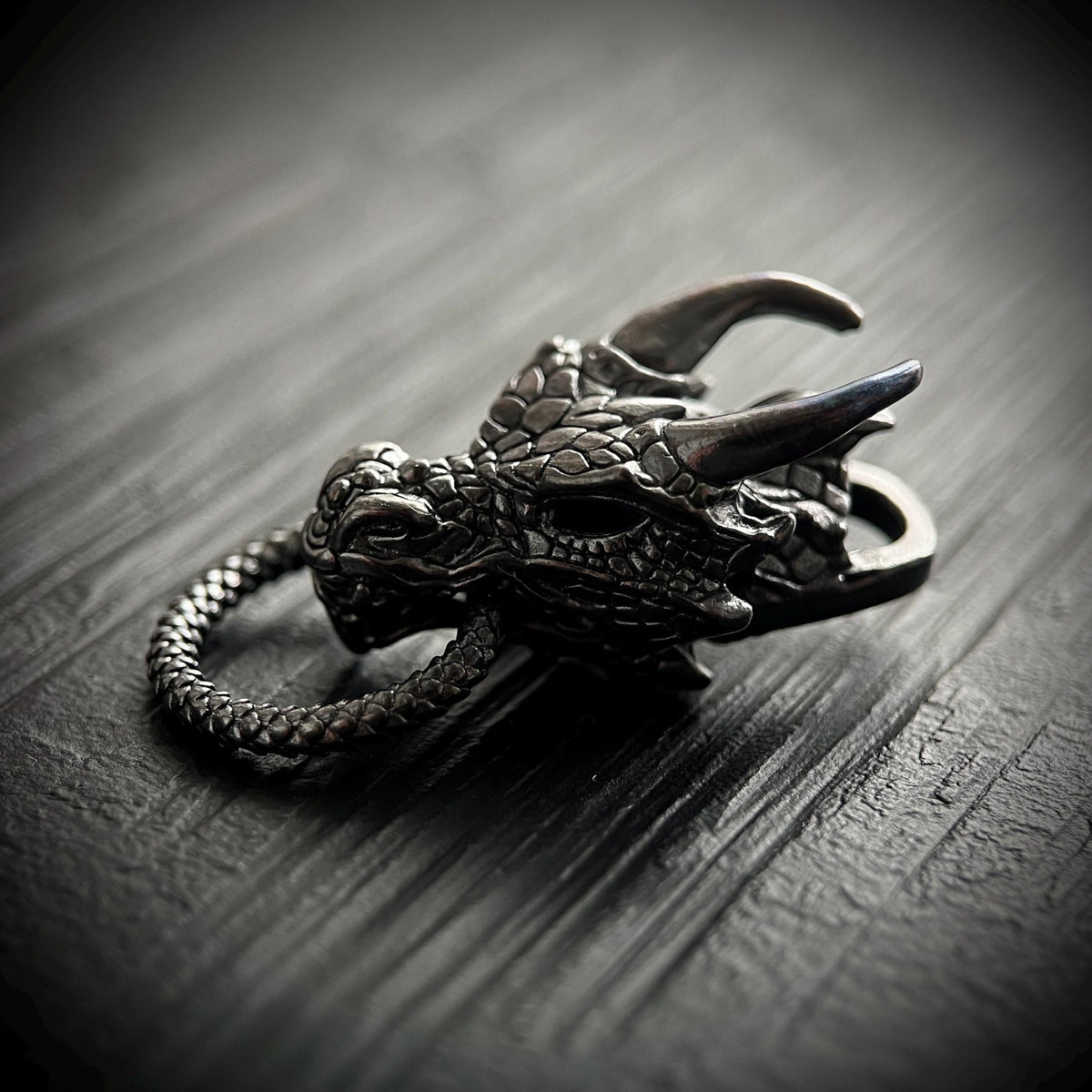 Black Oxidised Blackened Dark Steel Ornate Dragon Amulet Pendant