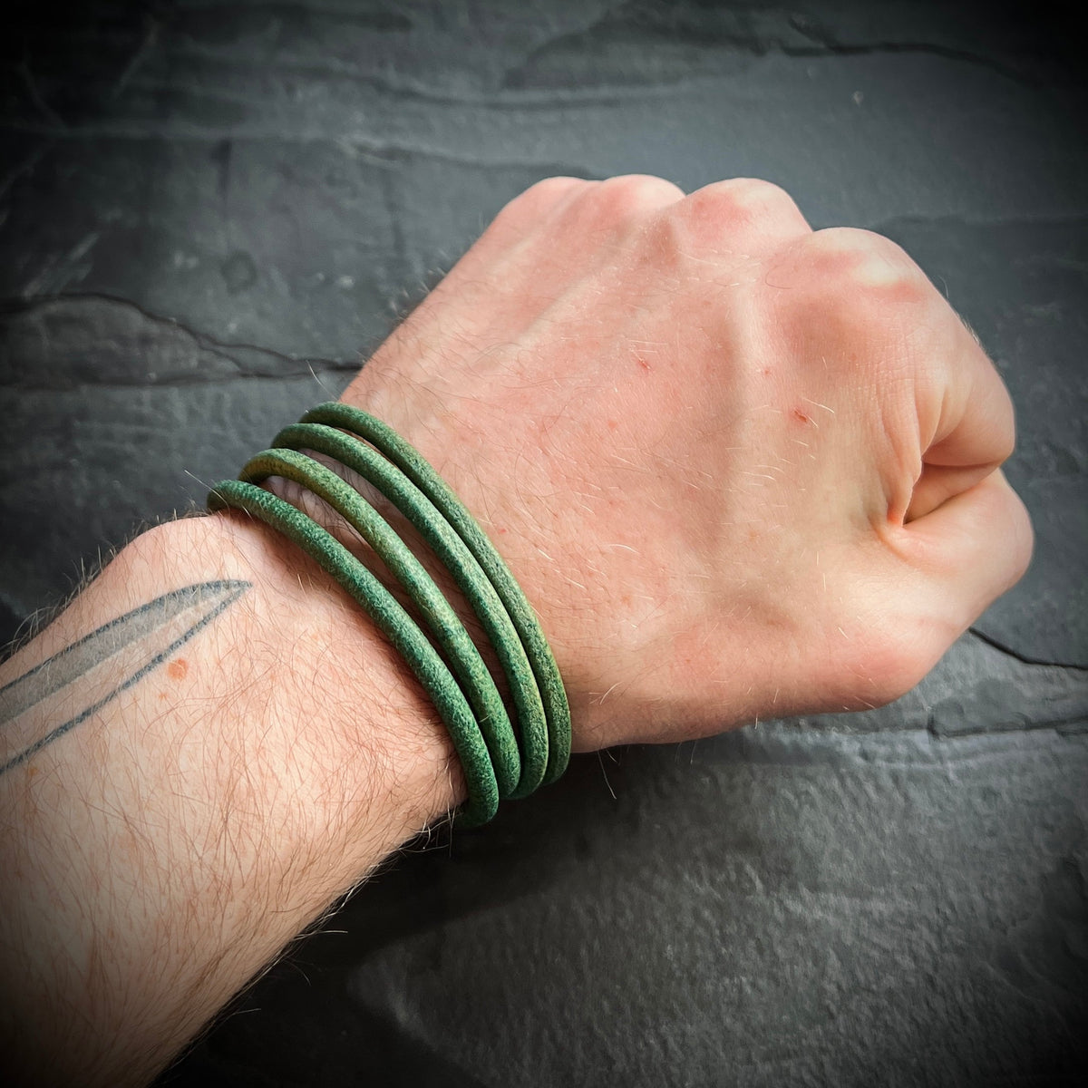 Artisan Handmade Minimalist Green Distressed Relic Leather Wrap Wristband Cuff Bracelet Accessory with Brushed Matte Black Lock Clasp