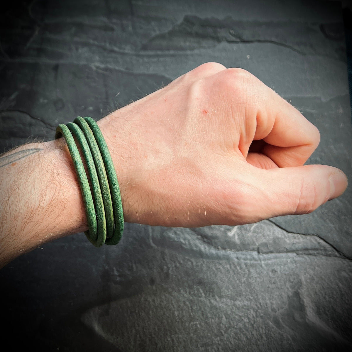 Artisan Handmade Minimalist Green Distressed Relic Leather Wrap Wristband Cuff Bracelet Accessory with Brushed Matte Black Lock Clasp