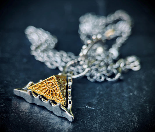 Egyptian Eye of Horus Golden Copper Pyramid and Silver Plated Pendant with Matching Necklace