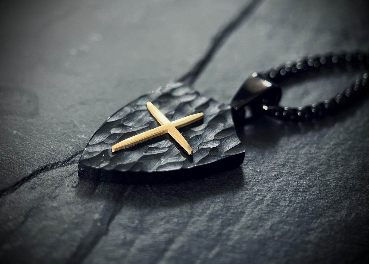 Rustic Hammered Black & Gold Stainless Steel Knight's Shield Cross Pendant - 24" Chain