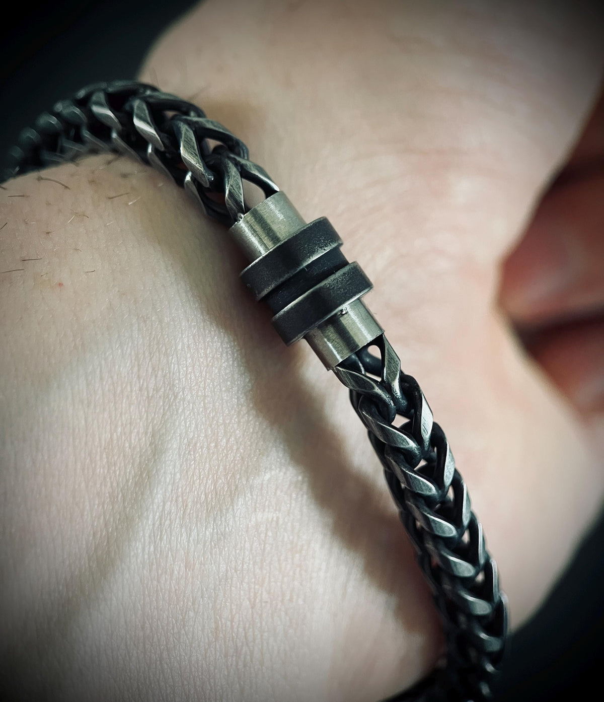 Oxidised Simple Stainless Steel Matte Blackened Silver Thick Chunky Foxtail Cable Link Chain Bracelet