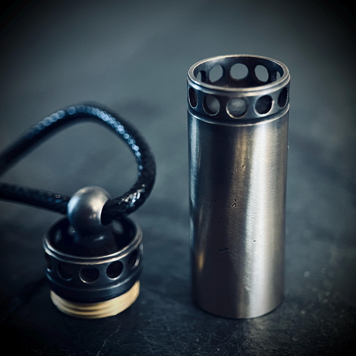 Handmade 2-Tone Shotgun Shell Rustic Distressed Brass Vial Cremation Stash Capsule Pendant with Black Rope Cord Necklace / Keepsake / Locket