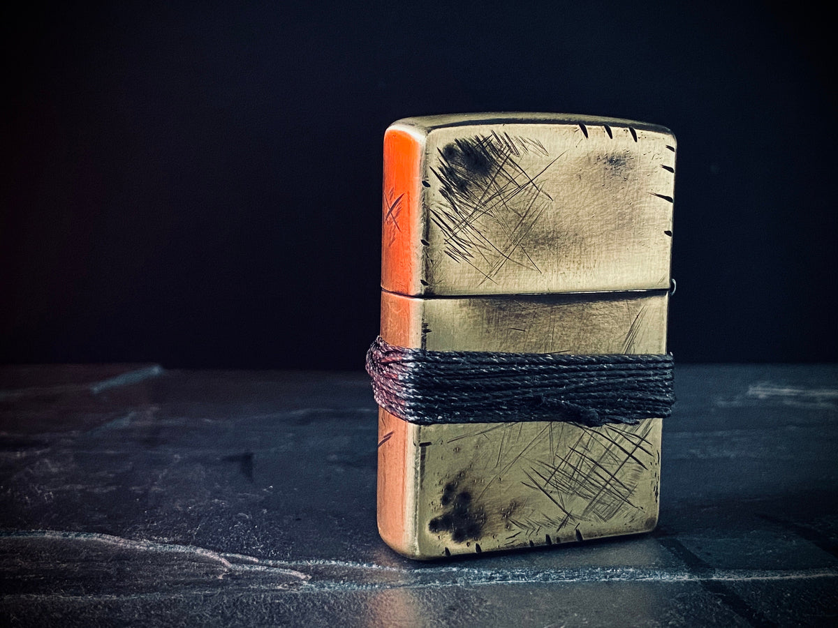 Customised Distressed & Oxidised Battle Damaged Vintage Style Gold Brass Zippo Lighter with Rope Grip / EDC / Everyday Carry
