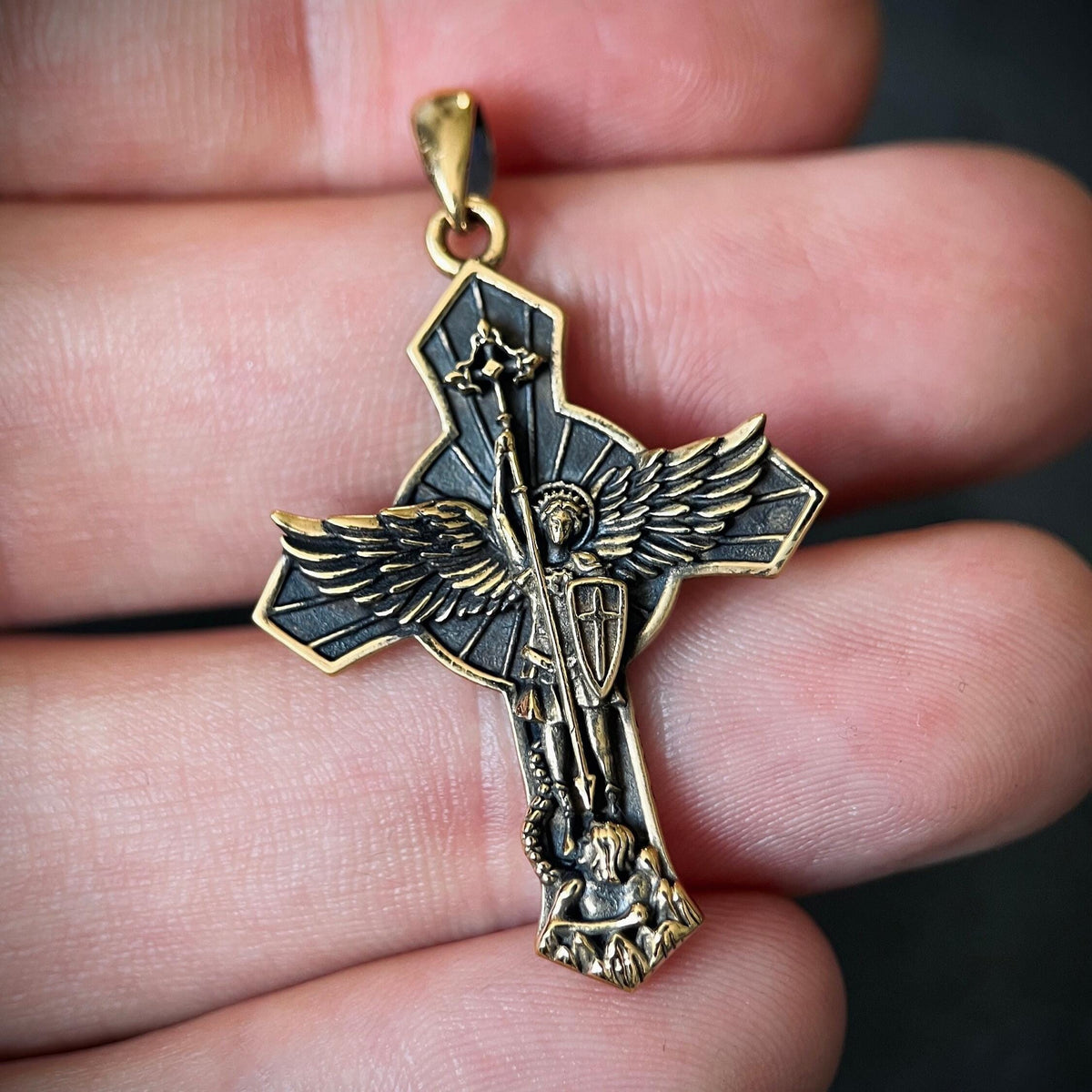 Archangel - 24ct Gold Plated Handmade Saint Michael "Protect Us" Crucifix Shield Pendant with Presentation Gift Box