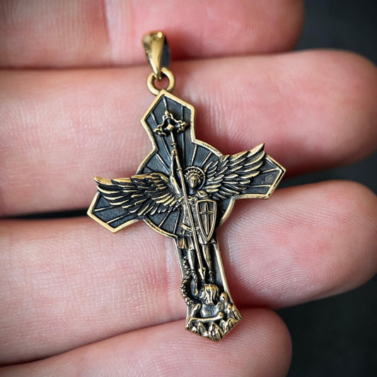 Archangel - 24ct Gold Plated Handmade Saint Michael "Protect Us" Crucifix Shield Pendant with Presentation Gift Box