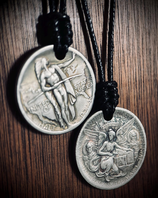 Couples His & Hers Rustic Silver Medallion Pendant Necklaces - Warrior and Angel