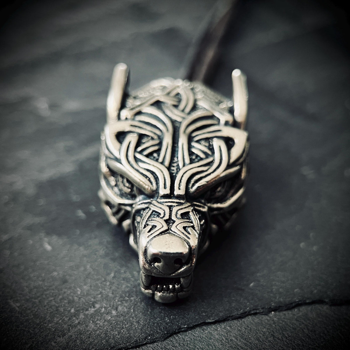 Rustic Silver Stainless Steel Celtic Wolf Pendant & Black Distressed Leather Cord Necklace