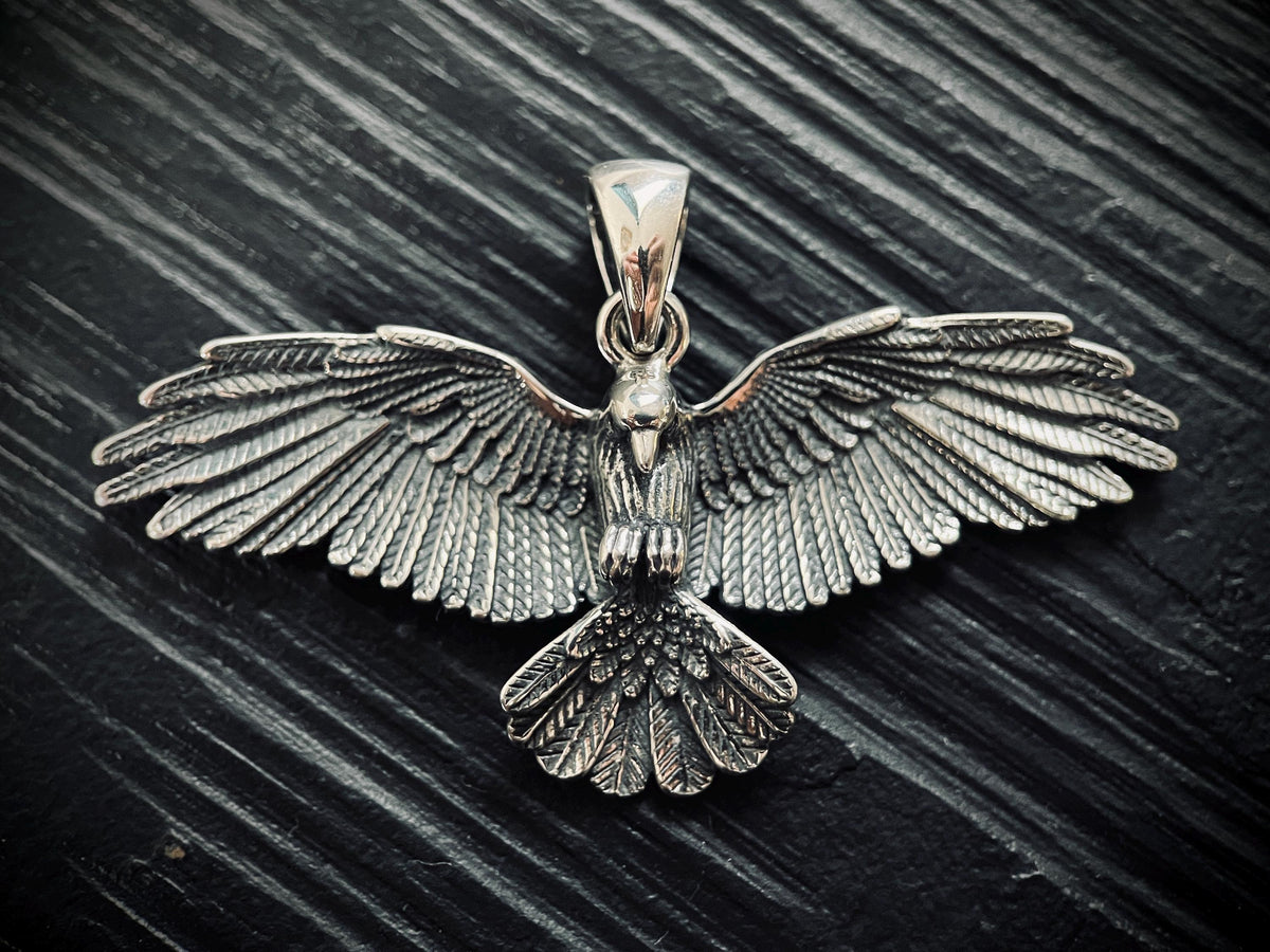 Oxidised Rustic Blackened 925 Solid Sterling Silver Winged Crow Bird Pendant