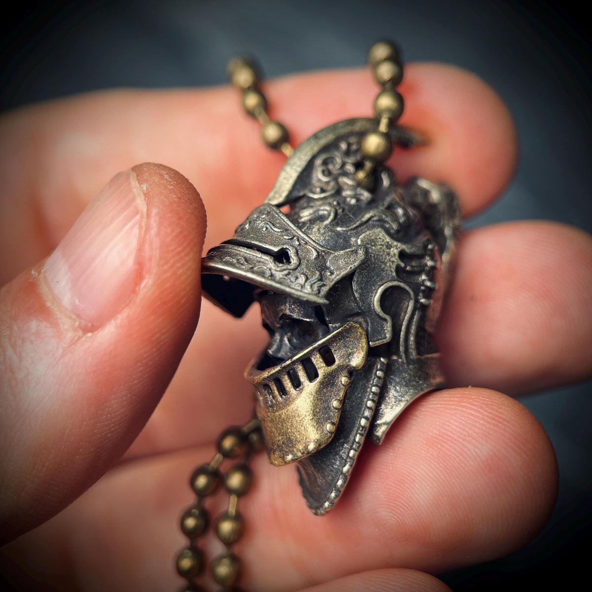 Ornate Highly Detailed Carved Distressed Aged White Brass Templar Knight Helmet Skull Pendant Necklace