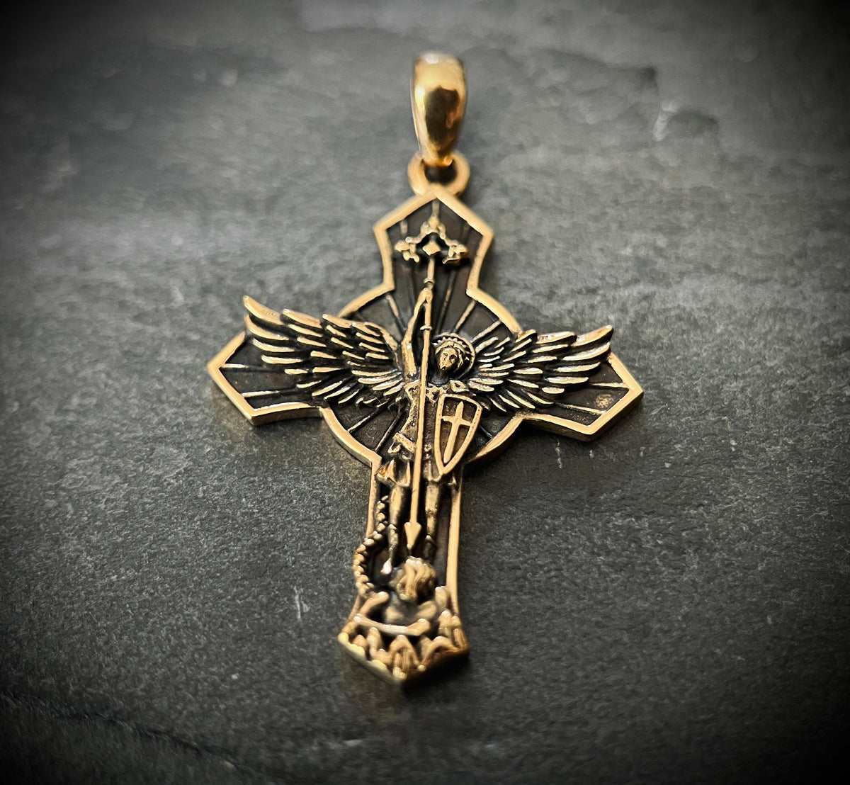 Archangel - 24ct Gold Plated Handmade Saint Michael "Protect Us" Crucifix Shield Pendant with Presentation Gift Box