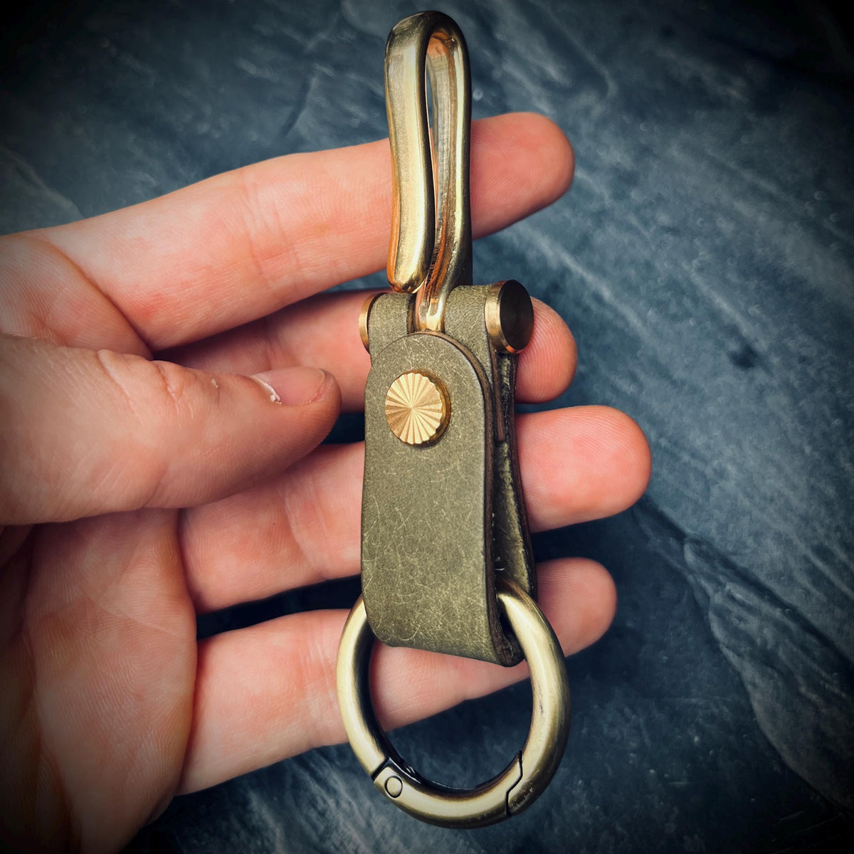 Distressed Olive Green Leather Brass Fish Hook Belt Keychain / Key Holder / Lanyard / Carabiner