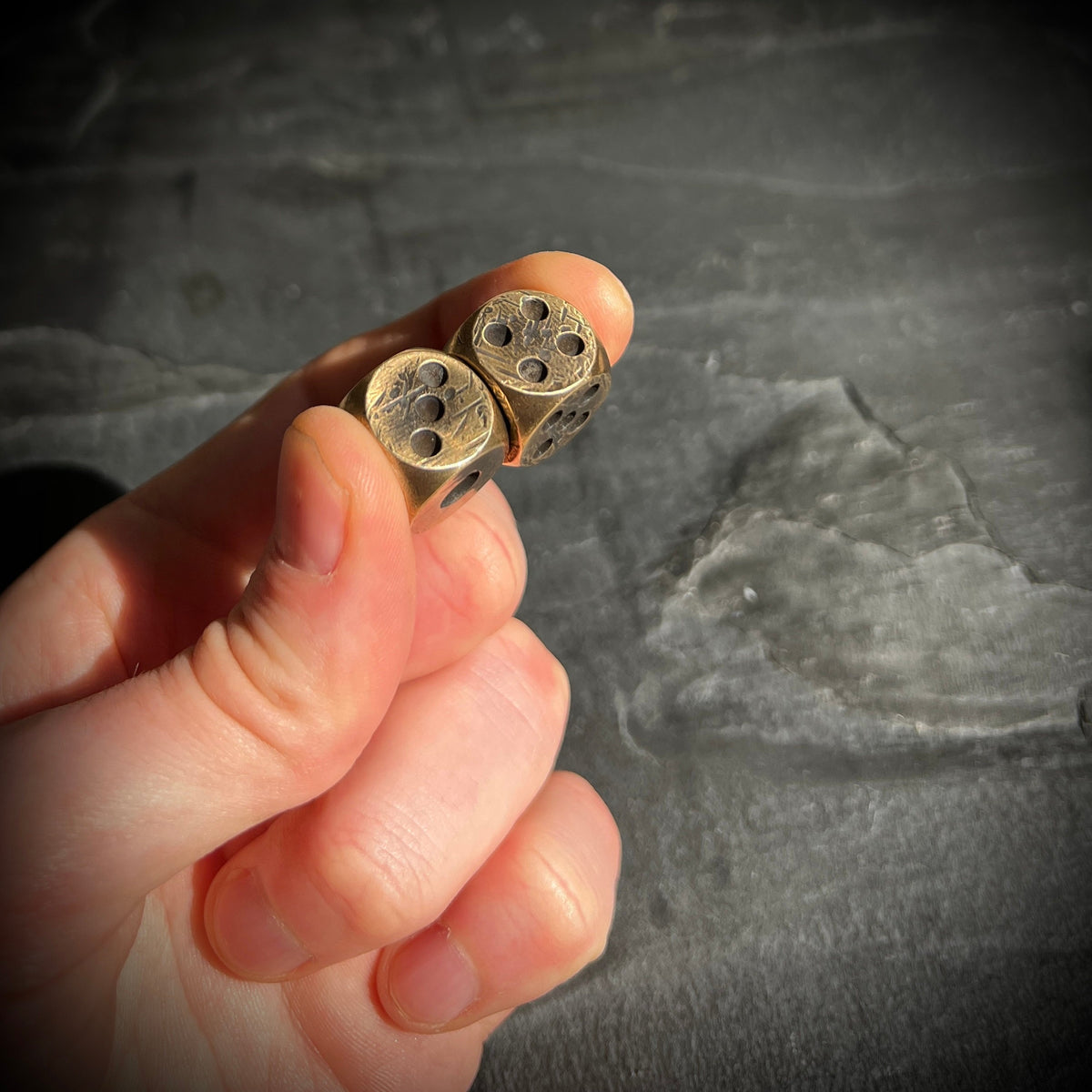 Custom Solid Heavy Brass Metal Dice Set with Distressed Aged Vintage Old Finish / EDC / Pocket Accessory / Poker / Gambler / Card Game