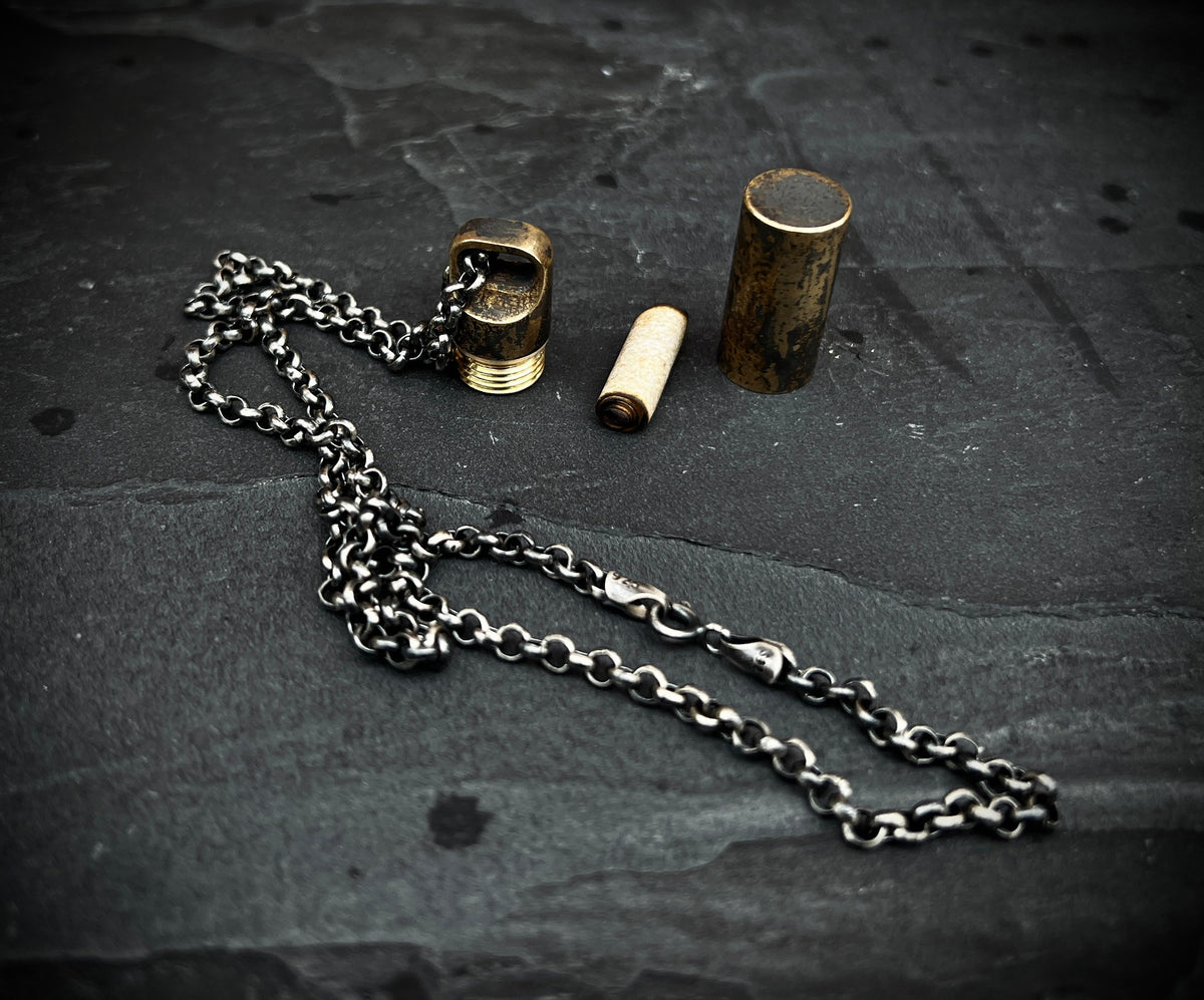 Distressed Brass Mini Shotgun Shell Stash Capsule Pendant & Sterling Silver Chain