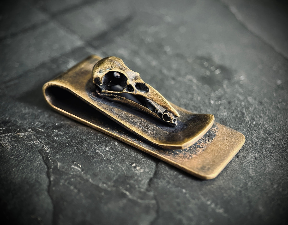 Vintage Distressed Style Solid Brass Crow Bird Skull Money Clip Holder / Wallet