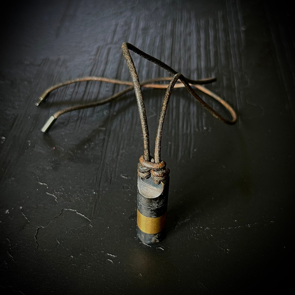 Rustic Brass 2-Tone Black & Gold Contrast Small Pill Vial Distressed Capsule Stash Urn Pendant with Leather Cord Necklace / EDC