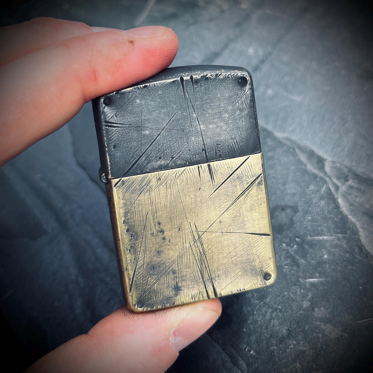 Customised Heavily Distressed Oxidised Black & Gold 2-Tone Patina Solid Brass Armor Heavy Wall Zippo Lighter / EDC / Vintage / Custom
