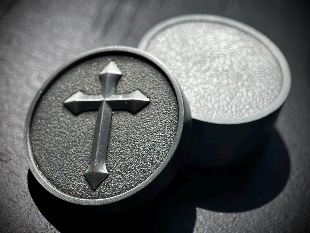 Ornate Distressed Stainless Steel Pill Bottle Stash Capsule Container with Silver Cross Crucifix / Survival EDC / Medication / Snuff Box