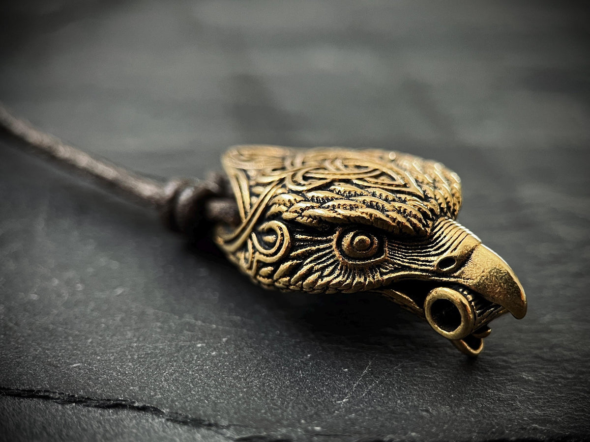 Rustic Brass Celtic Golden Eagle Bird Head Pendant & Black Distressed Leather Cord Necklace