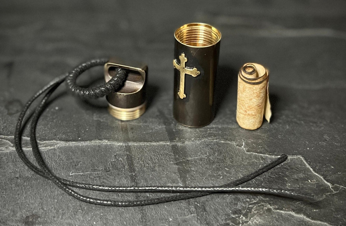 Engraved Large Brass Bullet Shotgun Shell Stash Screw Capsule Key-chain with Crucifix Cross / Accessory / EDC / Everyday Carry / Pill Box
