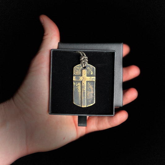 Handmade Rustic Heavily Distressed Custom Solid Brass Crucifix Dog-Tag Pendant with Black Leather Cord Necklace / Relic / Vintage Style