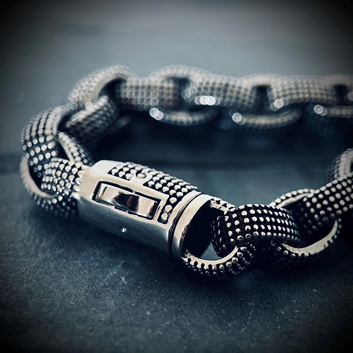 Oxidized Stainless Steel Chunky Chain Bracelet: Embossed Dot Link, Rustic Mens Jewelry
