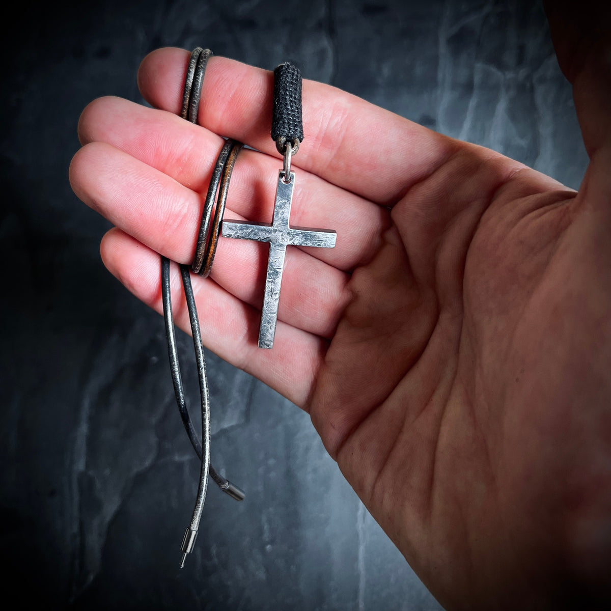 Brutalist Rustic Style 925 Sterling Silver Cross/Crucifix Pendant with Leather Cord Necklace
