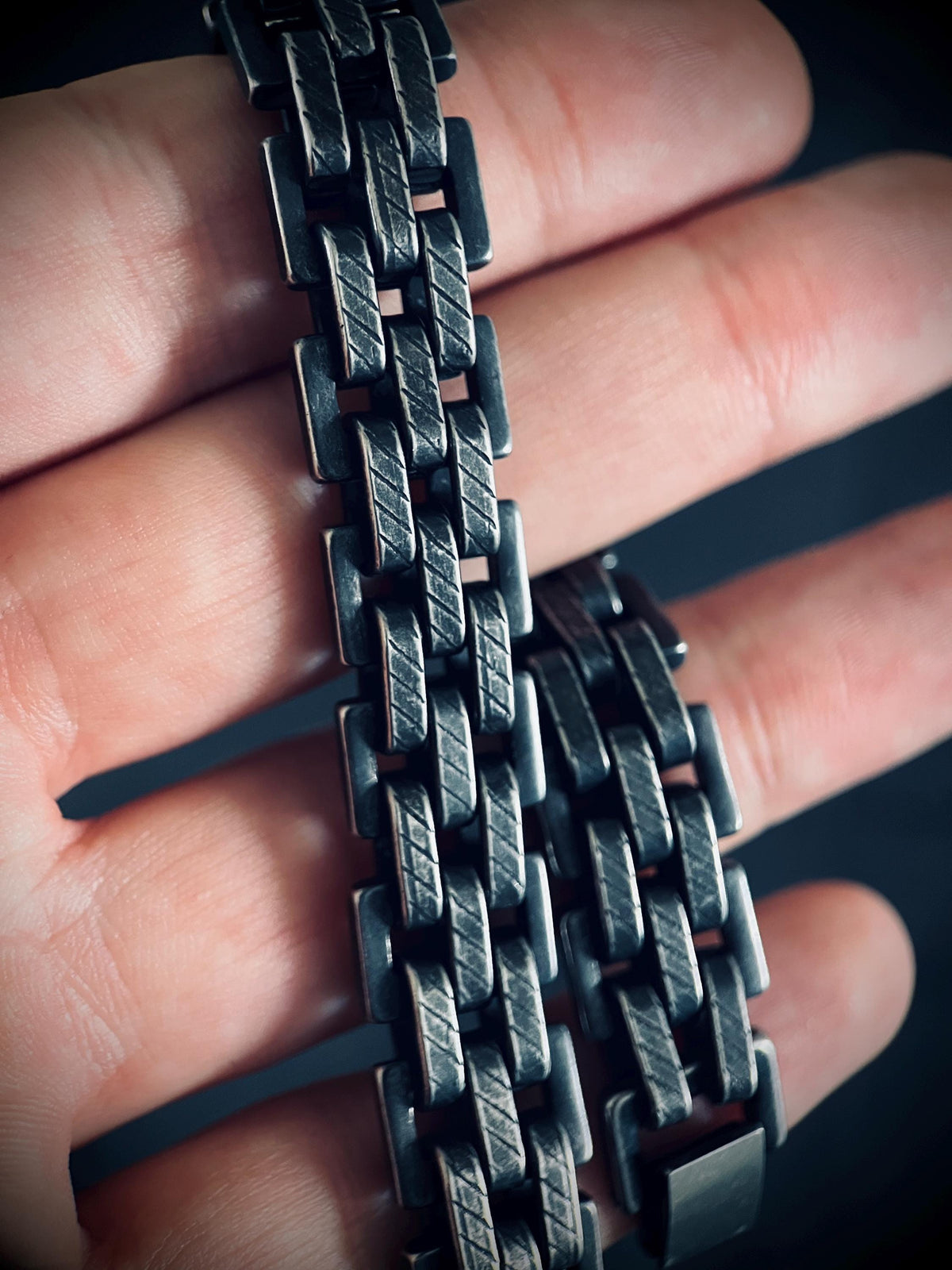 Brutalist Oxidised Stainless Steel Wide Thick Boxy Chunky Heavy Link Chain Bracelet - Mens