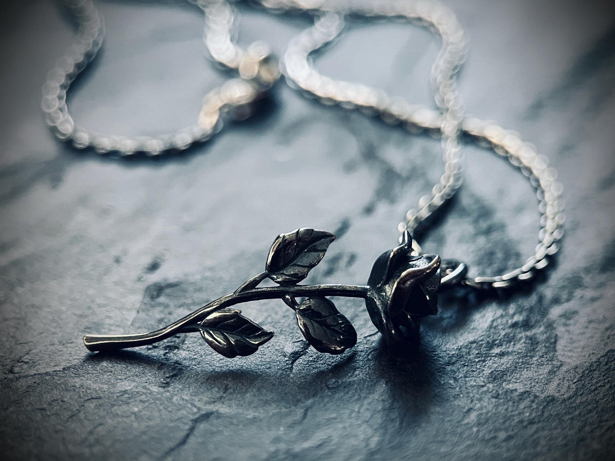 Rustic Oxidised 925 Sterling Silver Rose Pendant & Necklace • Floral Flower Necklace Charm