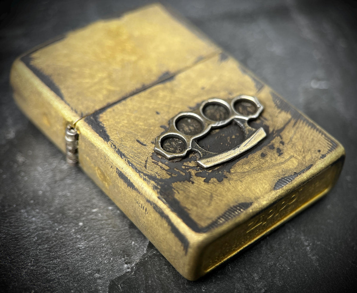 Customised Heavily Distressed & Oxidised Vintage Patina Style Solid Street Brass Zippo Lighter with Emblem / EDC / Custom