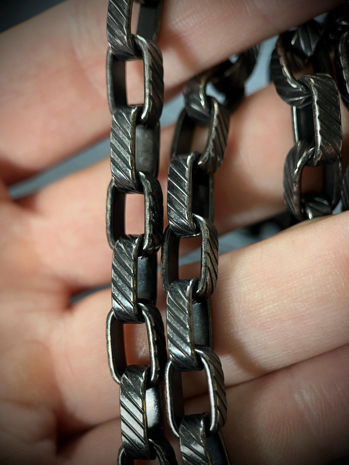 Rustic Etched Stainless Steel Matte Black & Silver Thick Chunky Heavy Box Chain Necklace