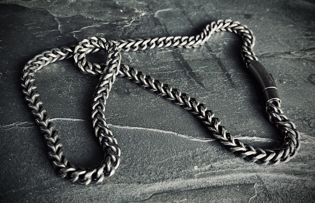 Oxidised Black & Silver Stainless Steel Chunky Thick Heavy Foxtail Chain Necklace - 24” Inches