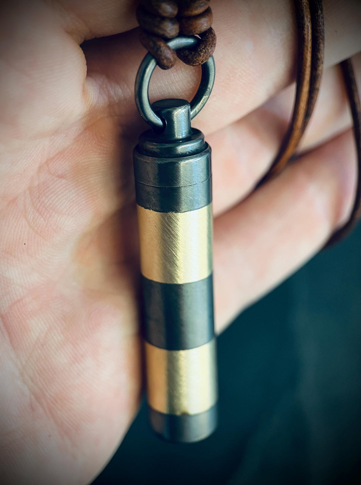 Handmade Striped 2-Tone Brass Cremation Capsule Pendant: Rustic Keepsake Stash Necklace & Brown Leather Cord