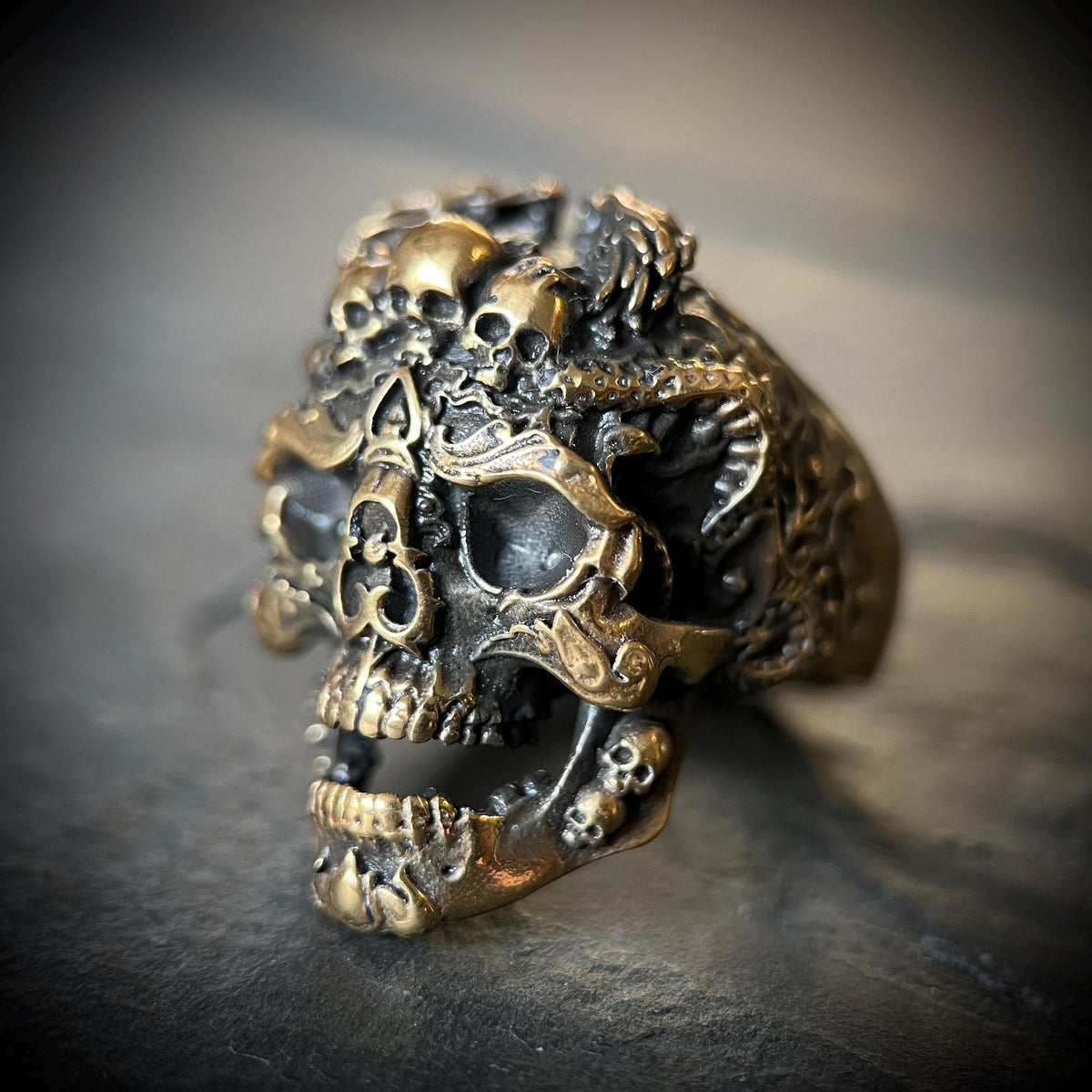 24ct Gold Plated Detailed Oxidised Dragon Skull Ring with Ornate Carvings