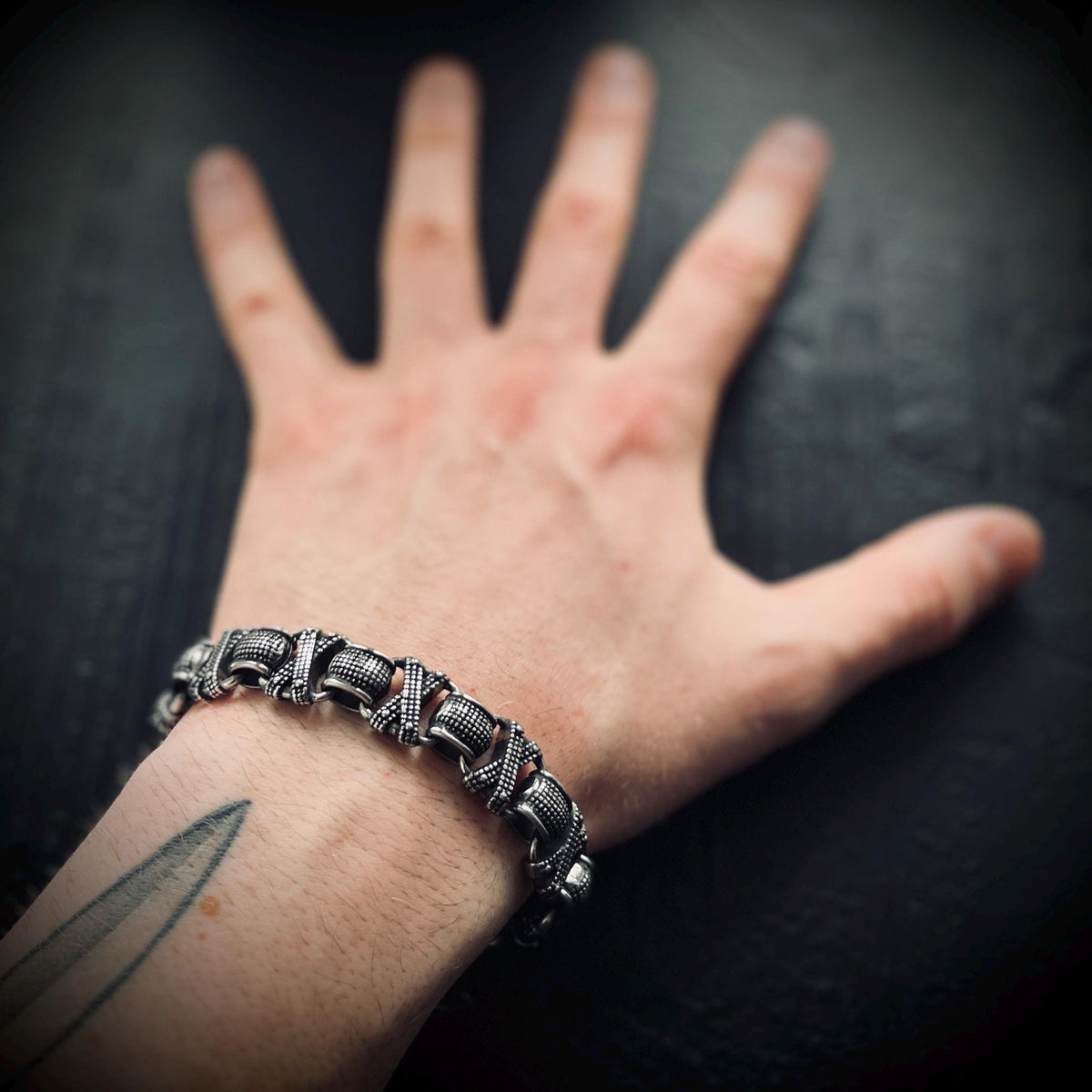Oxidized Stainless Steel X-Link Bracelet: Chunky Rustic Mens Jewelry