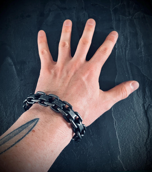 Mens Chunky Blackened Stainless Steel Chain Bracelet: Heavy Duty Oxidized Finish