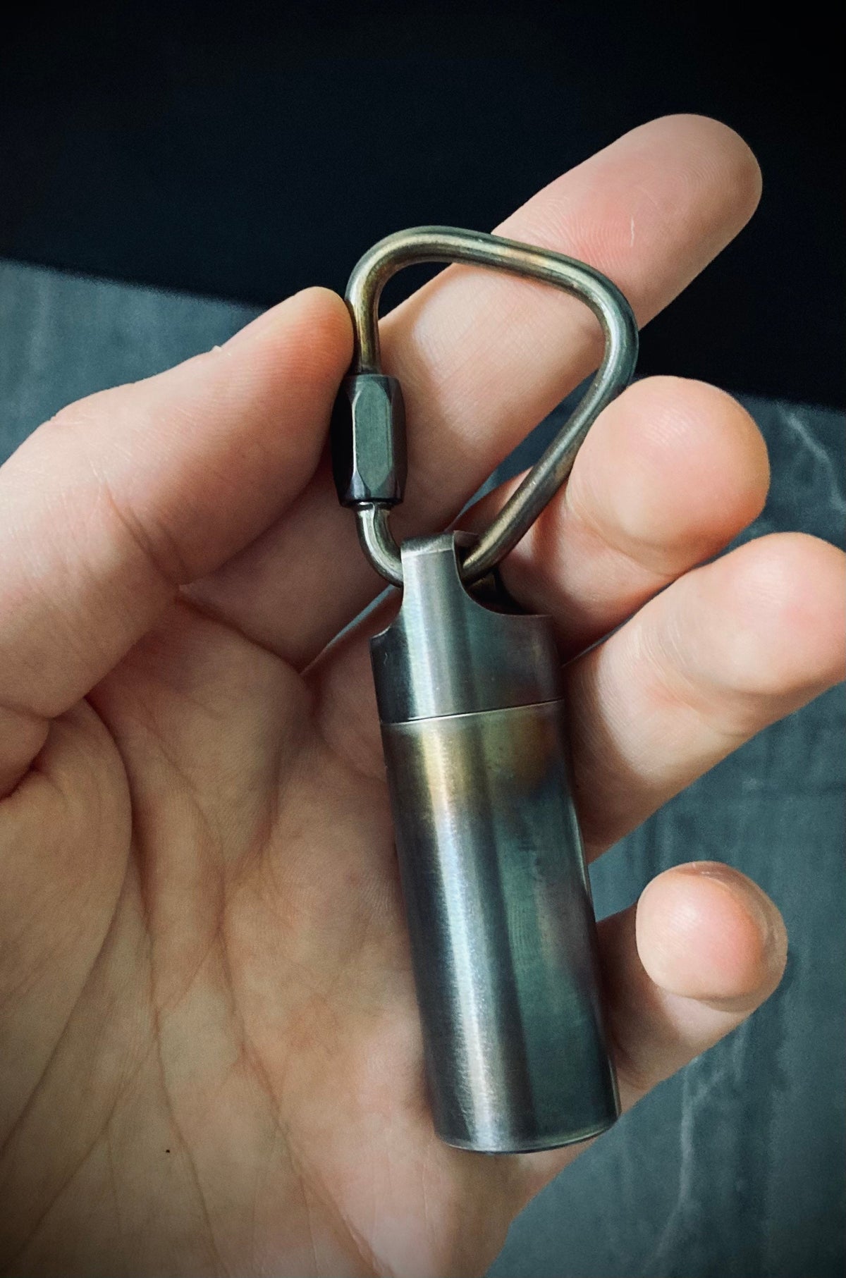 Rainbow Pearlescent Distressed Stainless Steel Waterproof Pill Bottle Capsule Keychain / Carabiner / Survival EDC / Container / Pocket / SOS