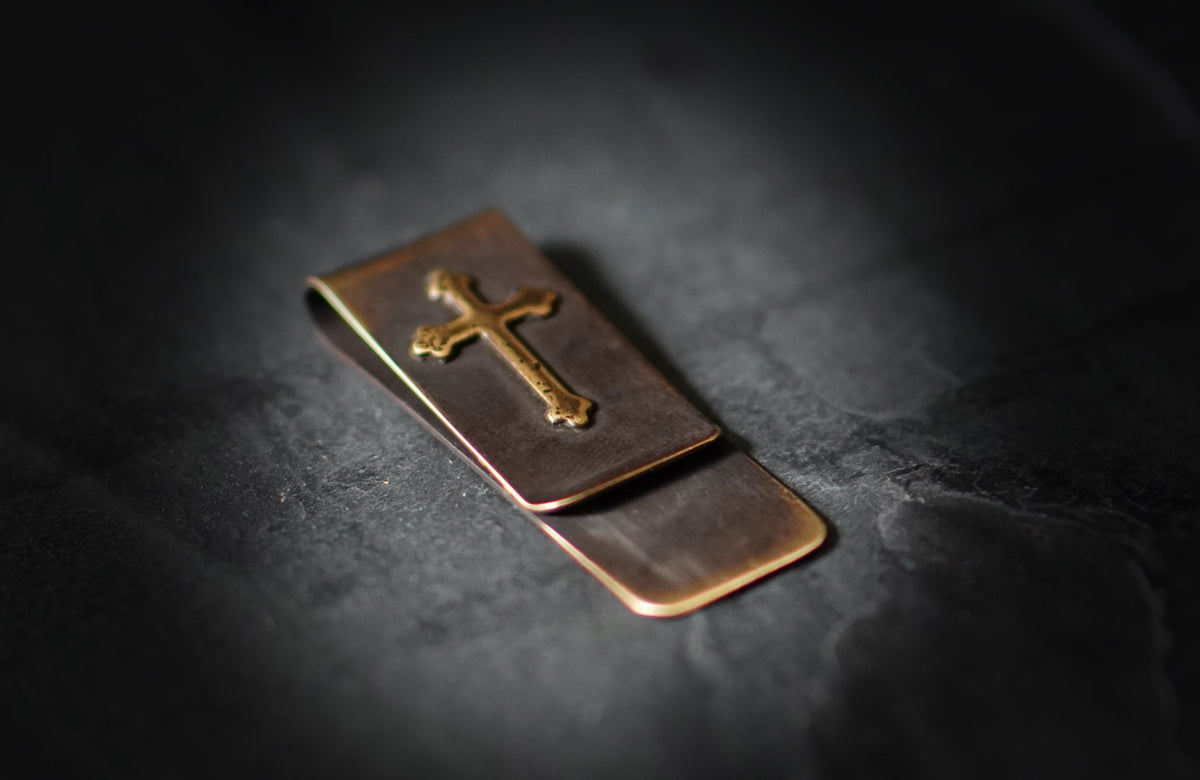 Handmade Distressed Brass Money Clip: Oxidized Cross Crucifix Design