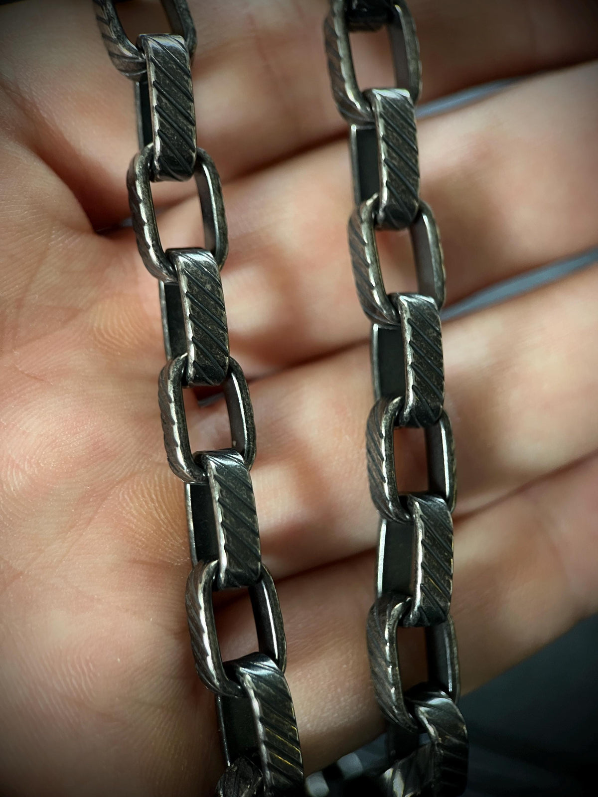 Rustic Etched Stainless Steel Matte Black & Silver Thick Chunky Heavy Box Chain Necklace