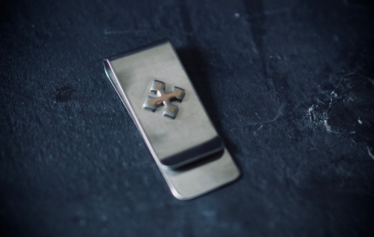 Rustic Silver Stainless Stainless Money Clip with Crucifix Cross Emblem
