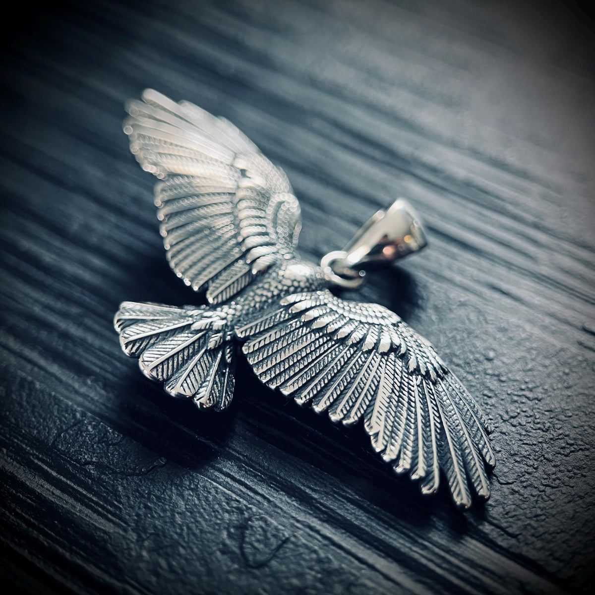 Oxidised Rustic Blackened 925 Solid Sterling Silver Winged Crow Bird Pendant