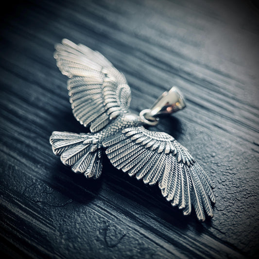 Oxidised Rustic Blackened 925 Solid Sterling Silver Winged Crow Bird Pendant