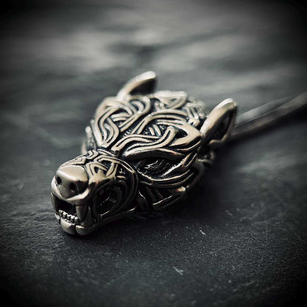 Rustic Silver Stainless Steel Celtic Wolf Pendant & Black Distressed Leather Cord Necklace